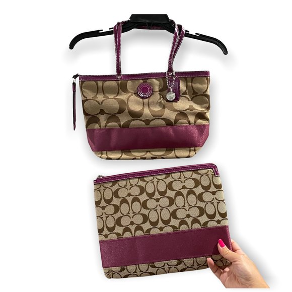 NWT Coach Monogram Handbag and IPad Case Purple/Tan/Brown - Picture 1 of 15